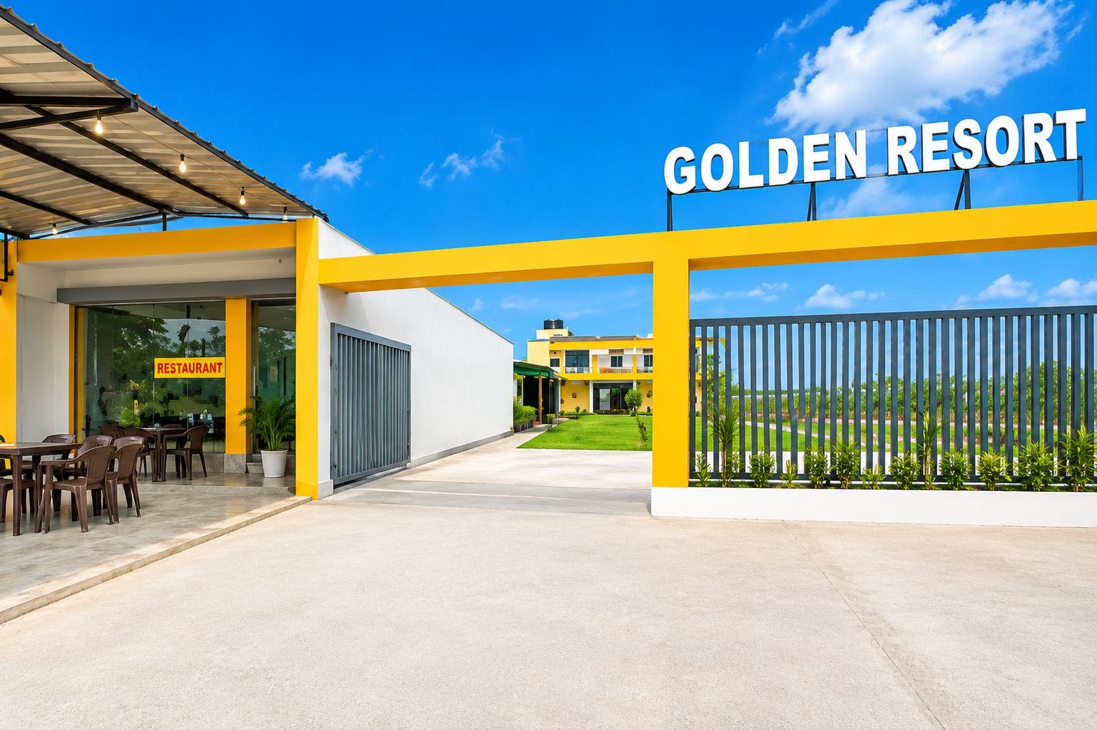 Entrada de hotel com um letreiro de restaurante, área de estar coberta ao ar livre e propriedade cercada.