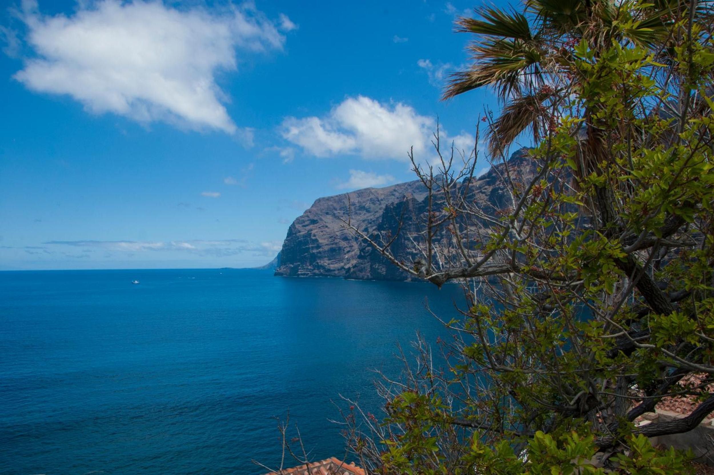 Un paysage côtier offrant une vue dégagée sur la mer et une montagne en arrière-plan.