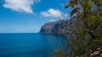 Un paysage côtier offrant une vue dégagée sur la mer et une montagne en arrière-plan.