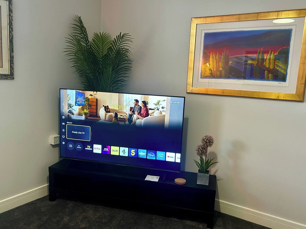 A flat-screen TV on a stand with a remote control, a framed picture on the wall, and a potted plant beside it.