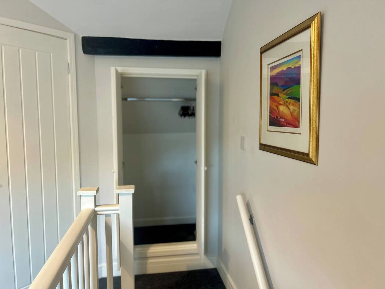A hallway with a white door, a coat rack, and a framed picture on the wall.