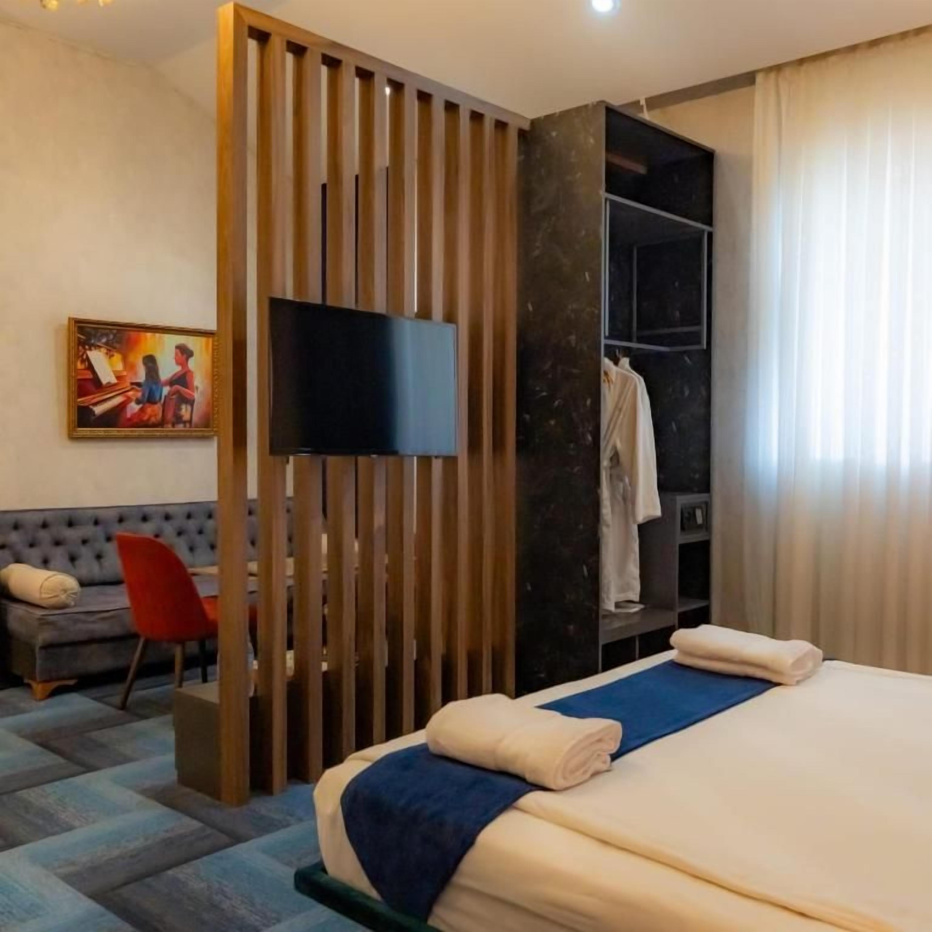 Habitación de hotel con cama, televisión, zona de estar con sofá y sillón, y un cuadro en la pared.