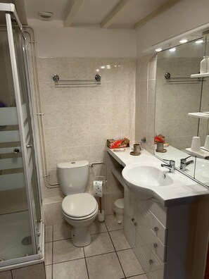 Een badkamer met toilet, wastafel en douche.