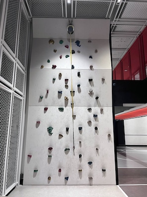 A climbing wall with various holds and a central rope. - Panoramic River View Condo, Long Stay (Bangkok)