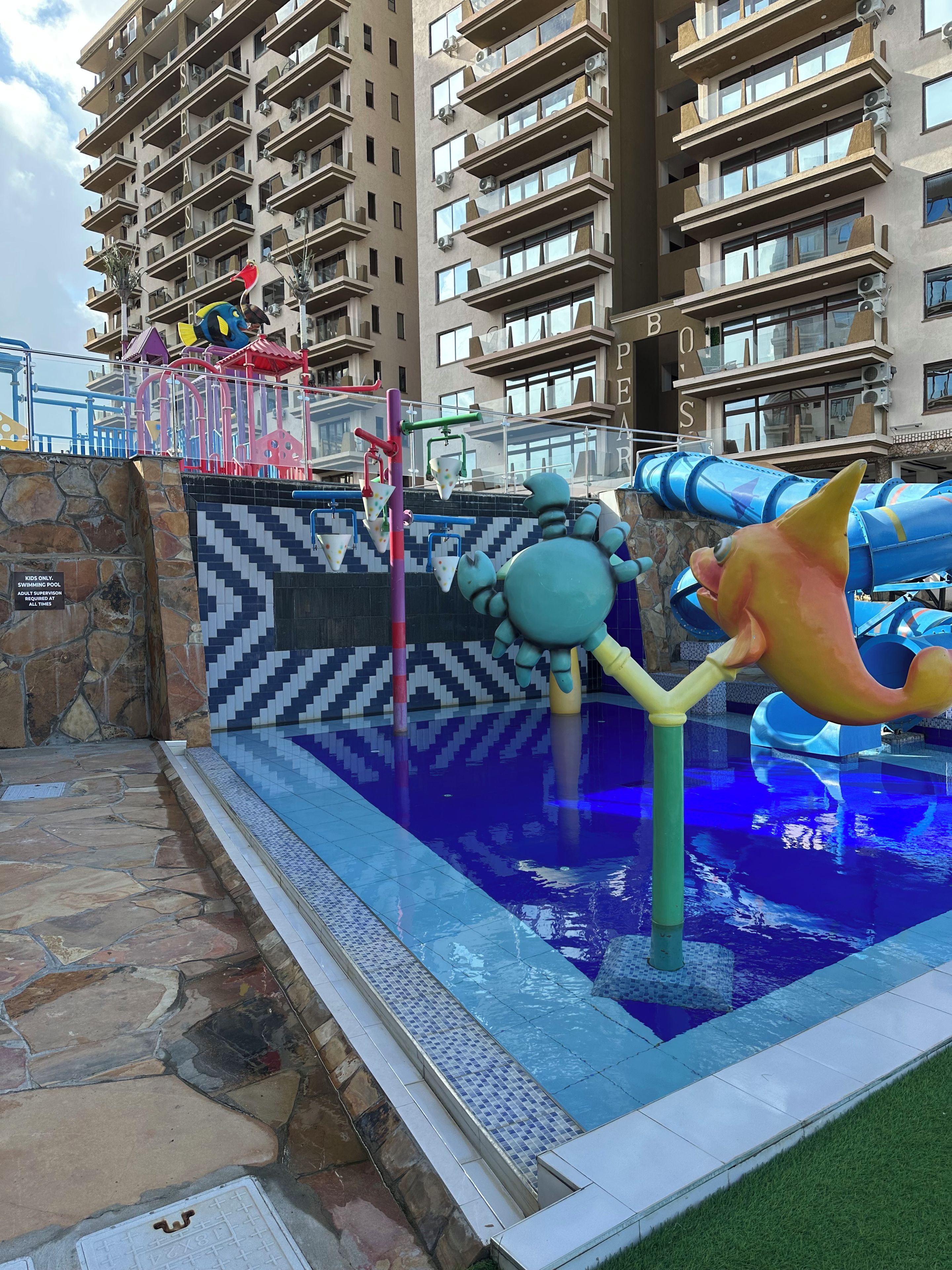 A swimming pool area with a water slide and a large crab decoration.