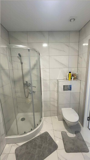 Een badkamer met een douchecabine van glas, een toilet en een plank met toiletartikelen.