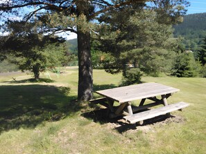 Una mesa de picnic en un área verde con árboles y una montaña al fondo.