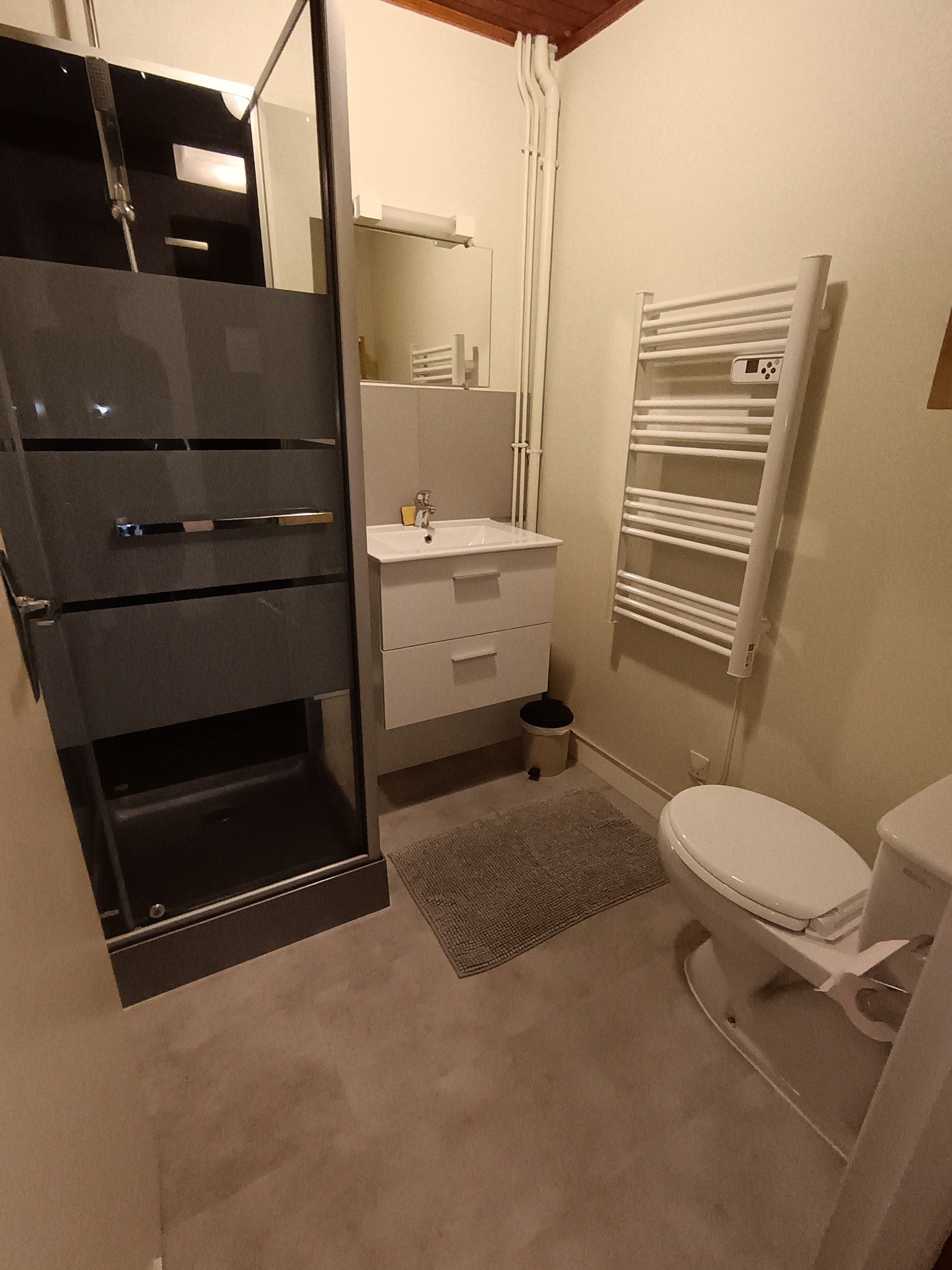 Un baño con inodoro, lavamanos, espejo y toallero.