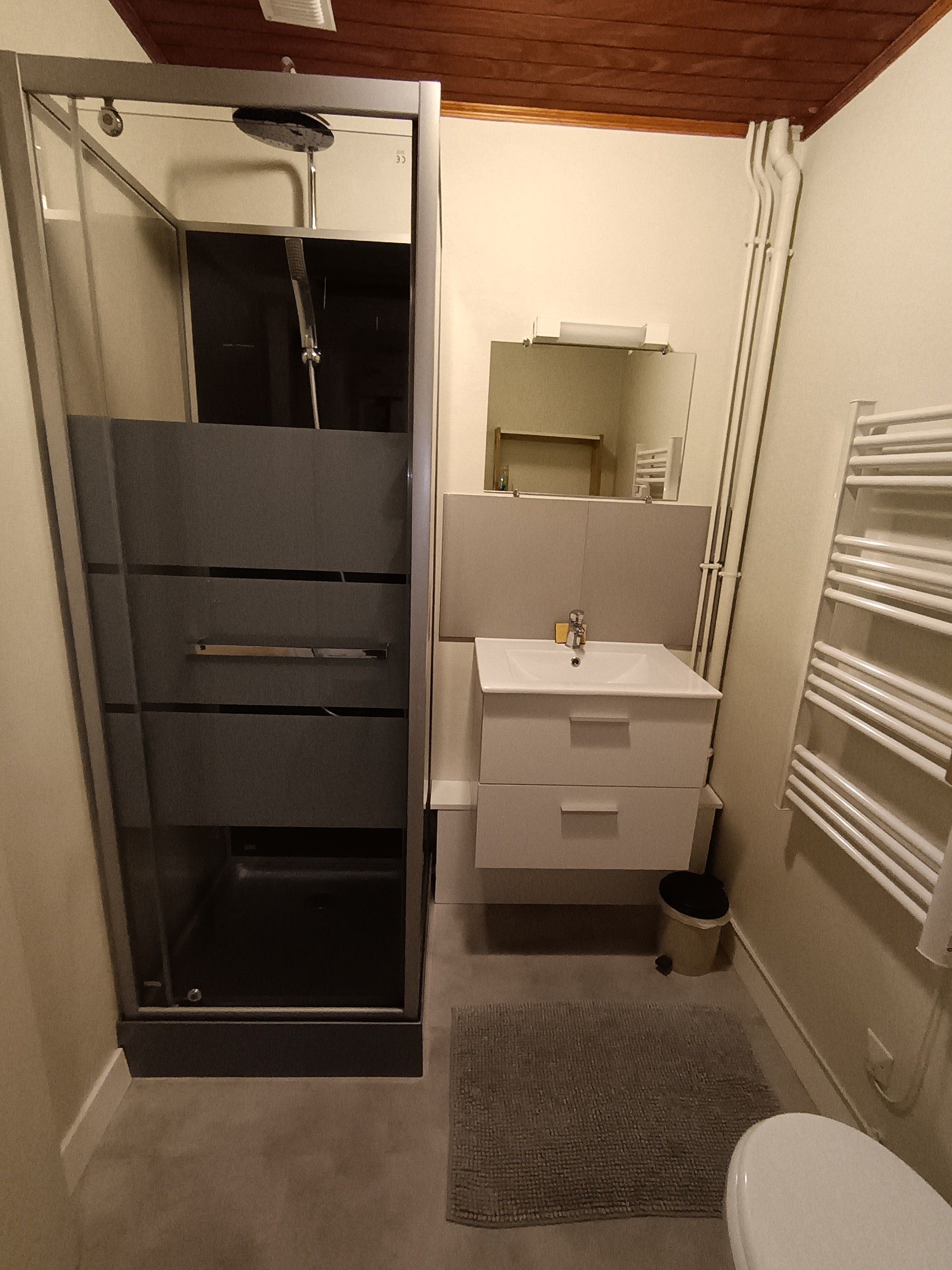 Ein Badezimmer mit Duschkabine, Waschbecken, Spiegel und Toilette.