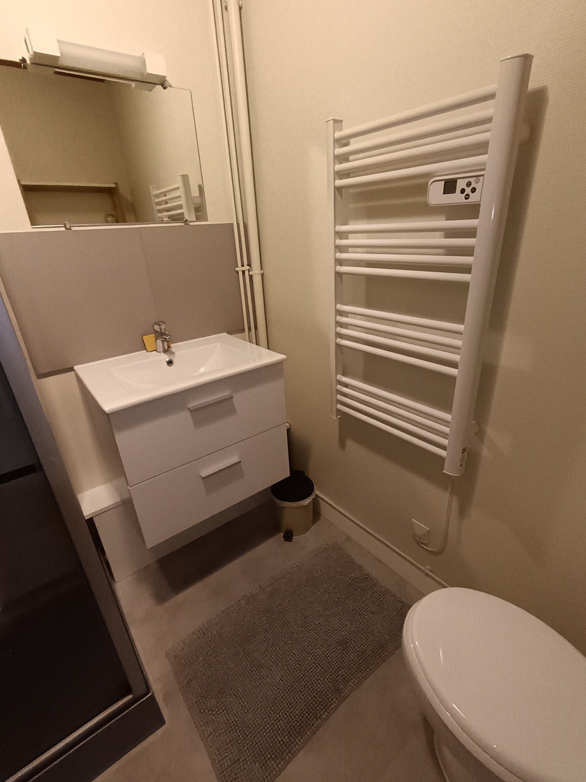 A bathroom with a white sink, a mirror, a towel rack, and a toilet.