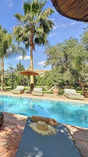 A swimming pool with lounge chairs and a palm tree. - ZALUNA Marrakech Private Villa & Heated Pool (Sidi Bouzguia)