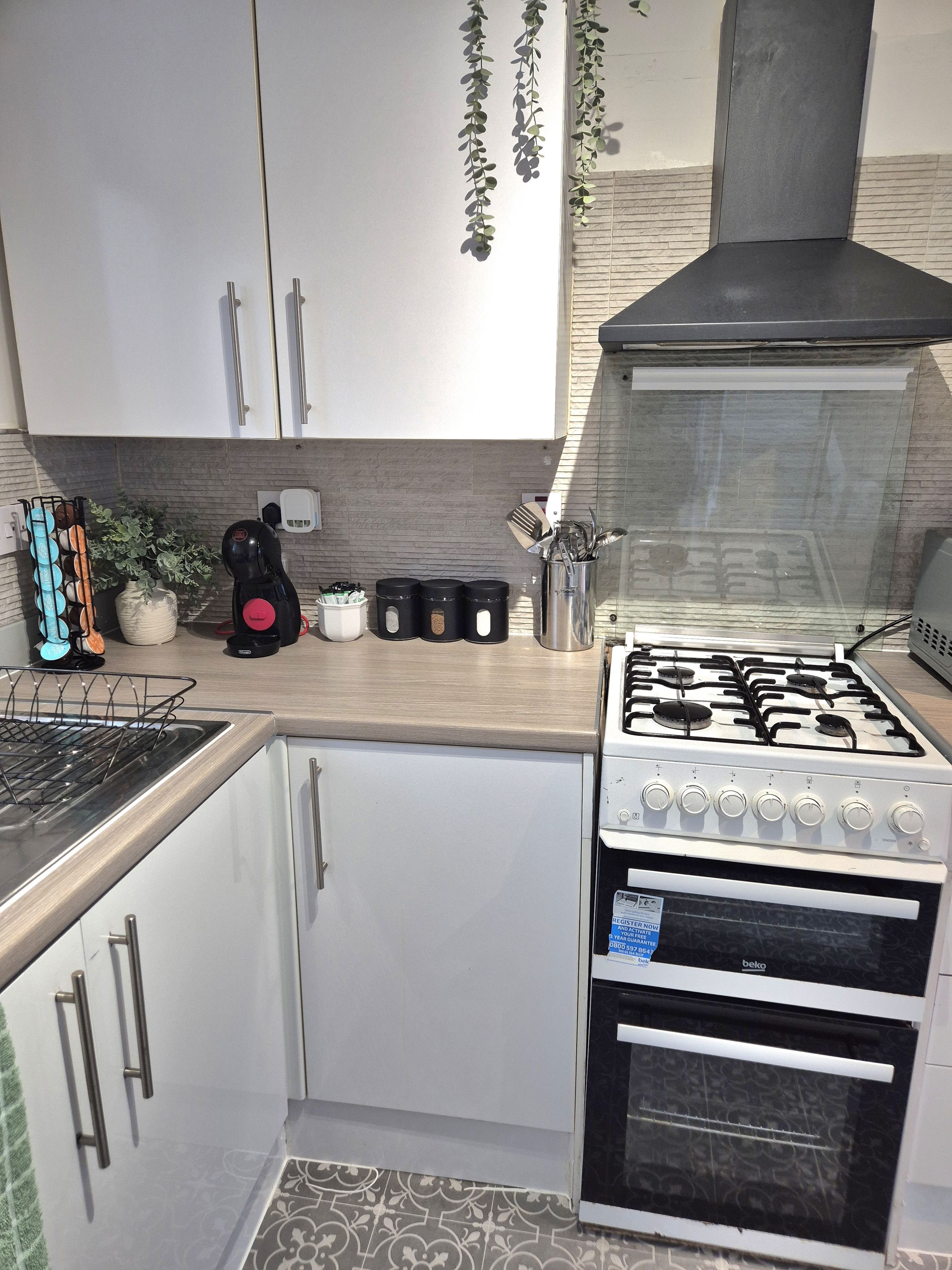 Une cuisine de taille réduite avec des meubles blancs, une cuisinière à gaz, un four et une plante suspendue.