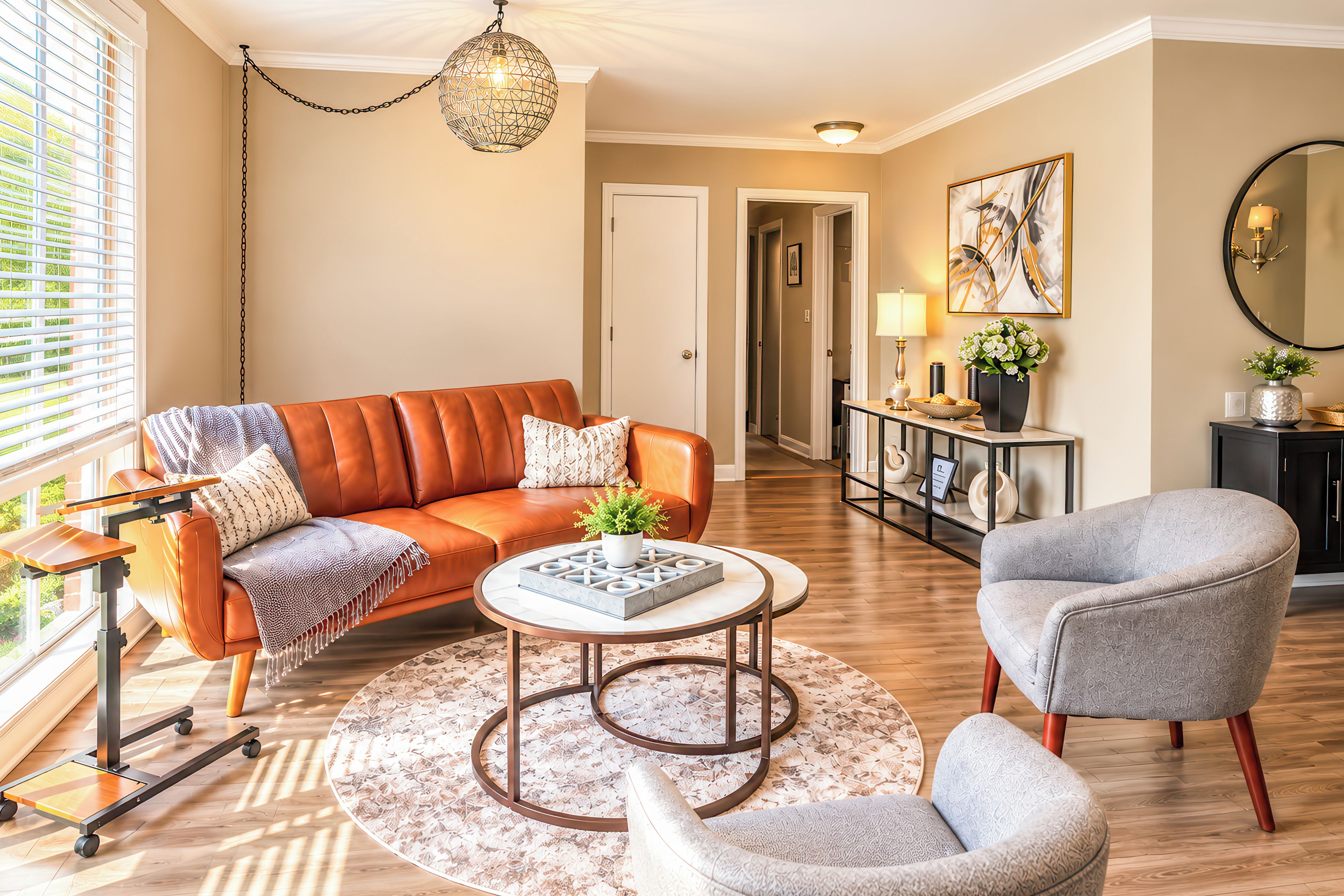 A living room with a leather sofa, a grey armchair, a coffee table, and a dining table with a vase of flowers.