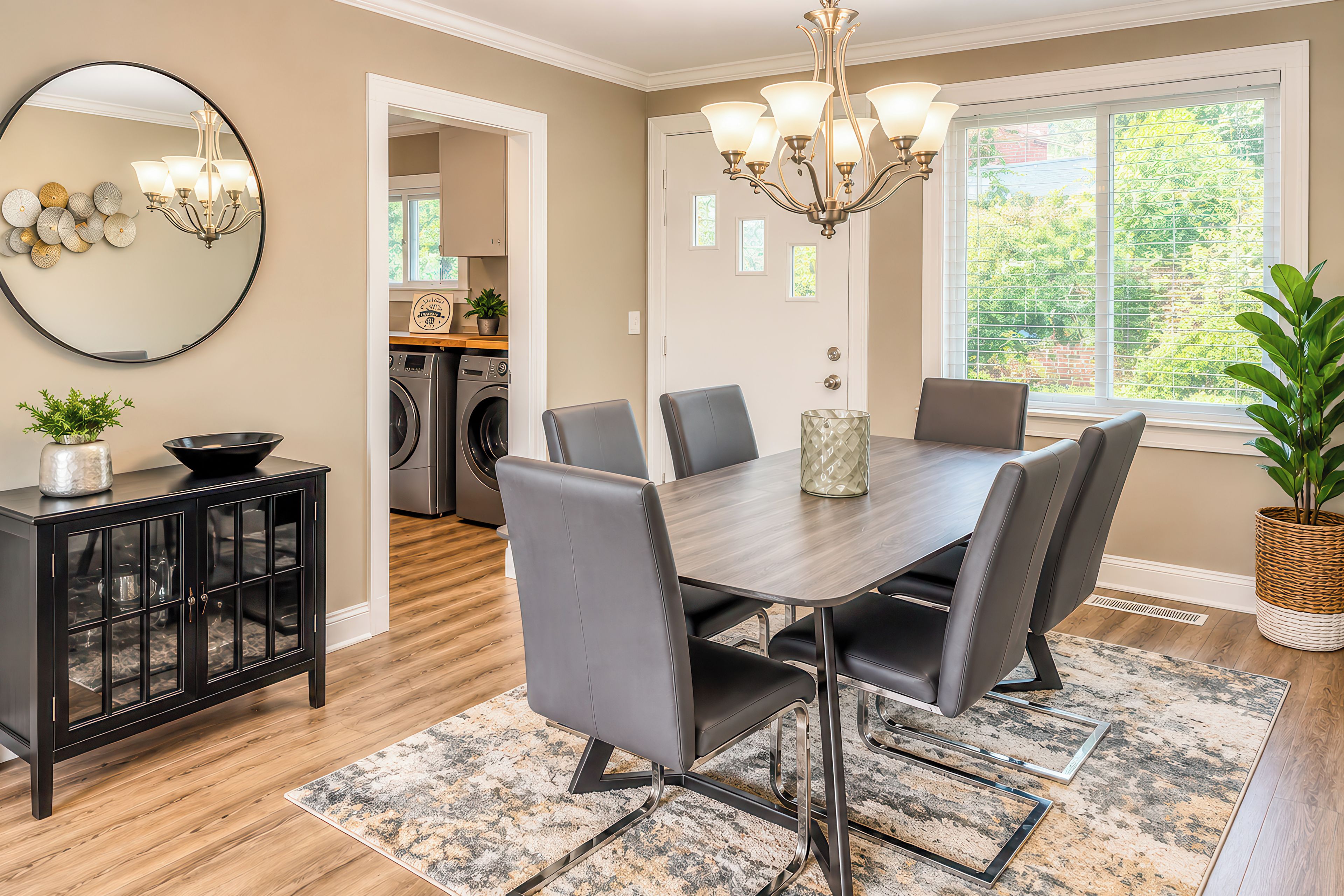 A dining area with a dark wood table, grey upholstered chairs, a chandelier, and a view of a laundry room through an open door.