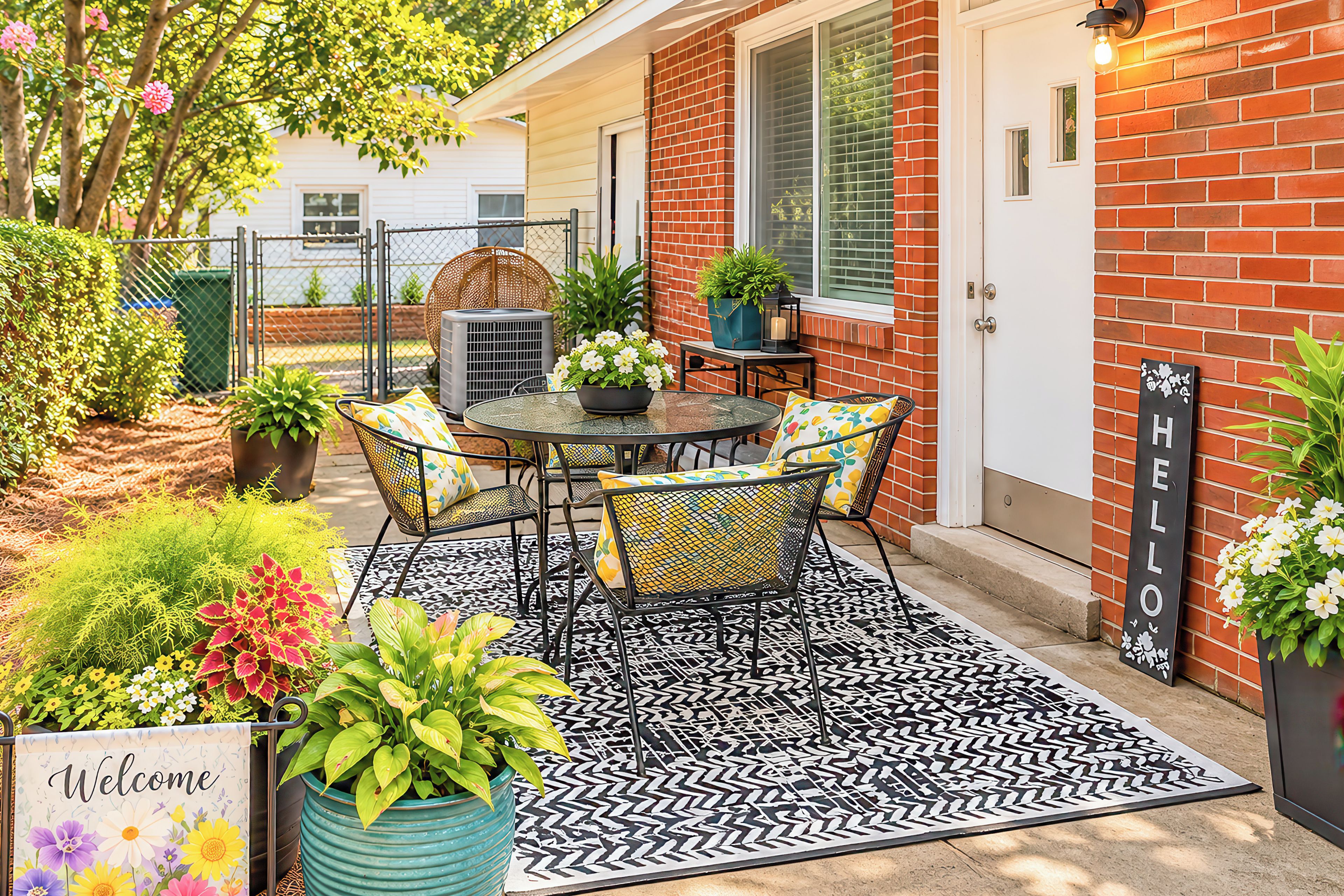 A patio with a table and chairs, surrounded by potted plants and a welcome mat.
