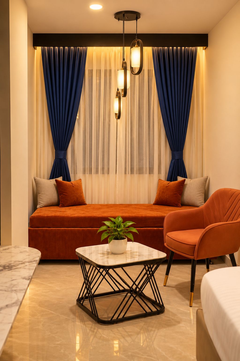 Una sala de estar moderna con un sofá, una mesa de centro y una silla. Hay una planta sobre la mesa de centro.