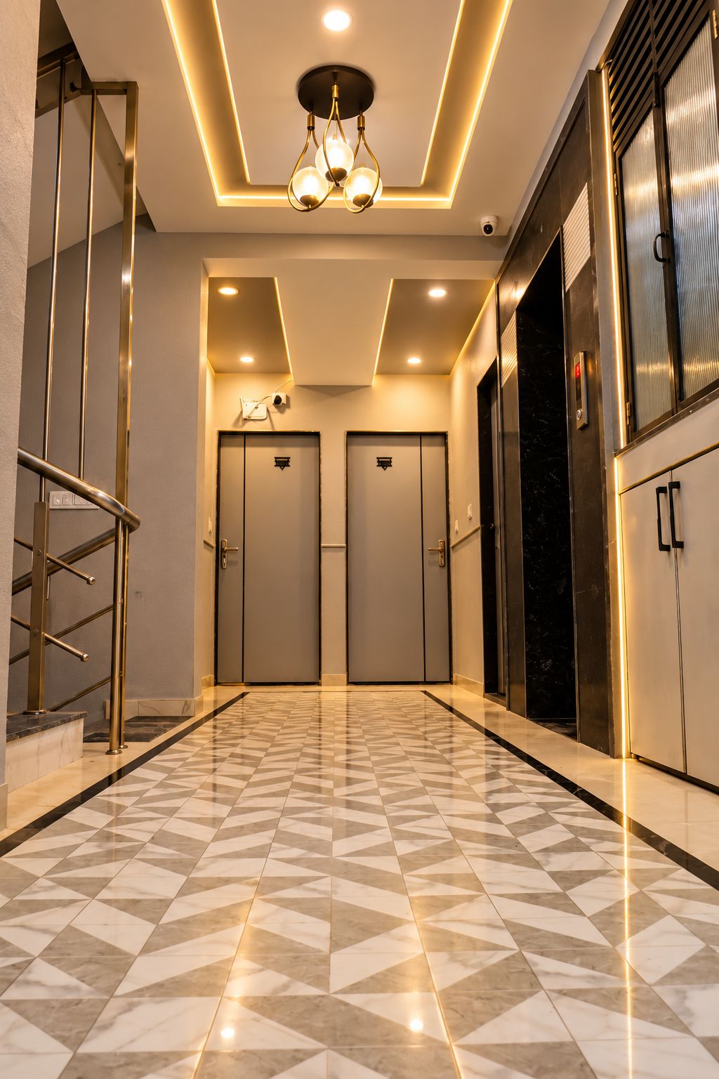 Un hall de hotel con mostrador de recepción, una escalera y piso de baldosas.