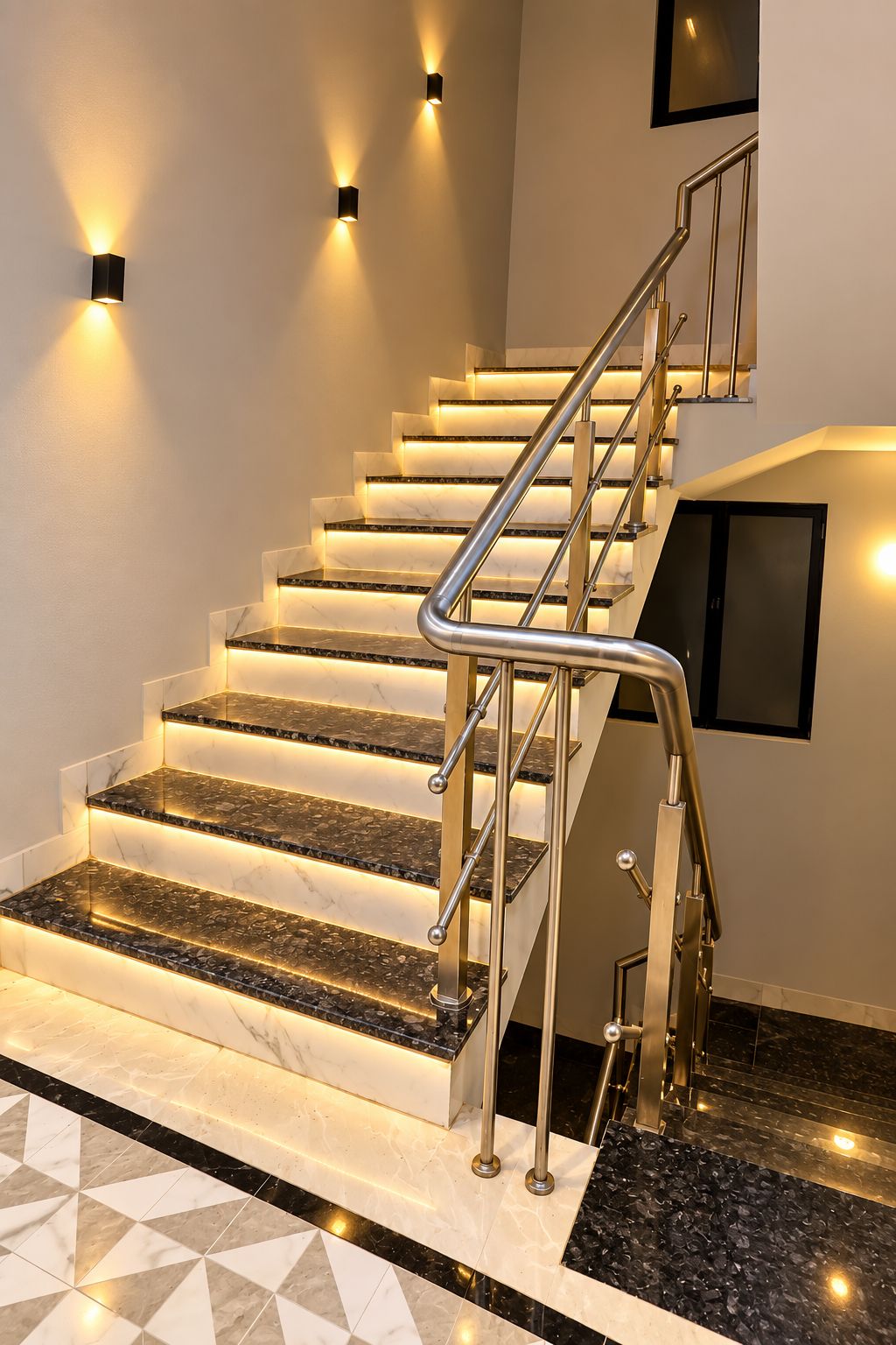 Una escalera con barandilla de metal, escalones de mármol e iluminación empotrada en la pared.