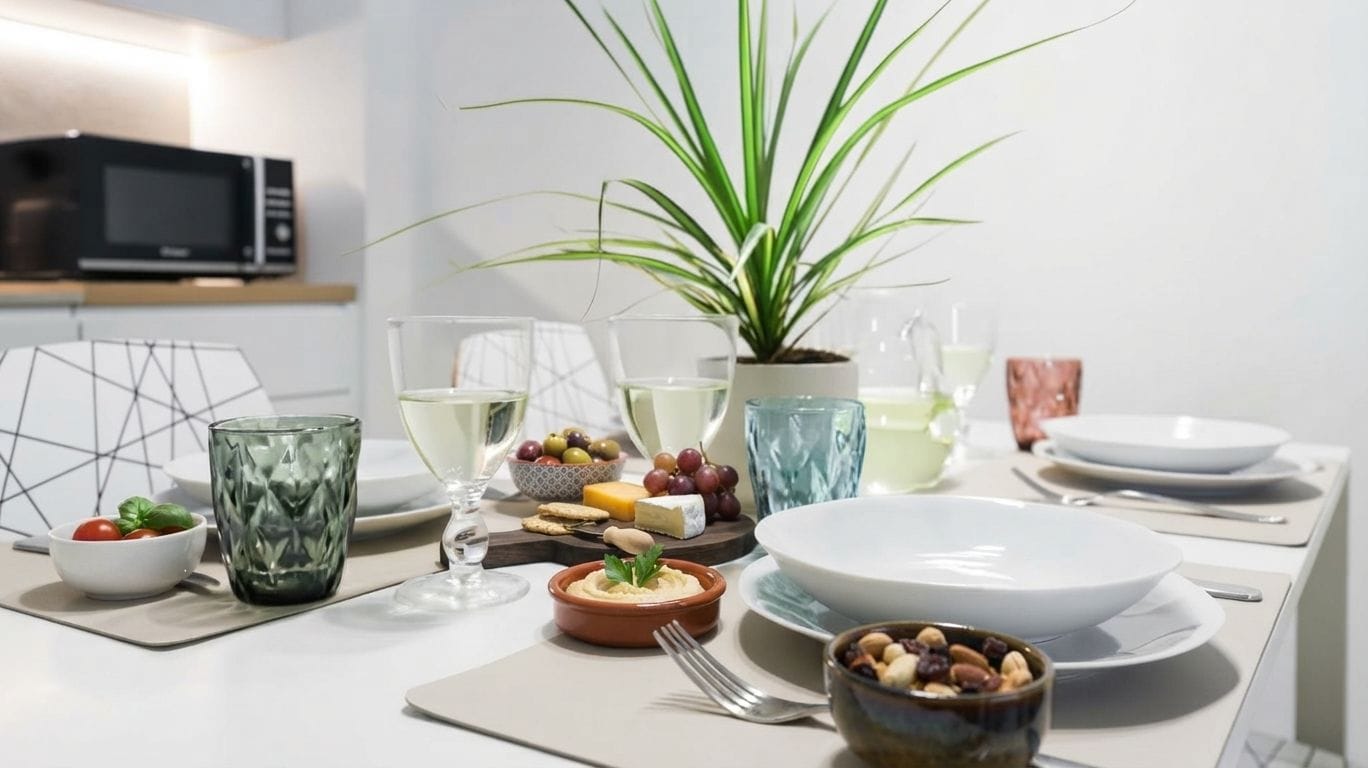 A dining table set with various food items, glasses, and a potted plant.