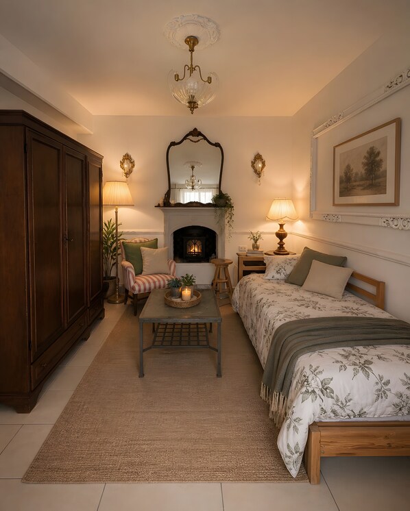A cozy bedroom with a fireplace, a bed with floral bedding, a striped armchair, and a wooden wardrobe. - Holiday home 'Lake Maggiore Al Portico in Lesa' with terrace (Lesa)