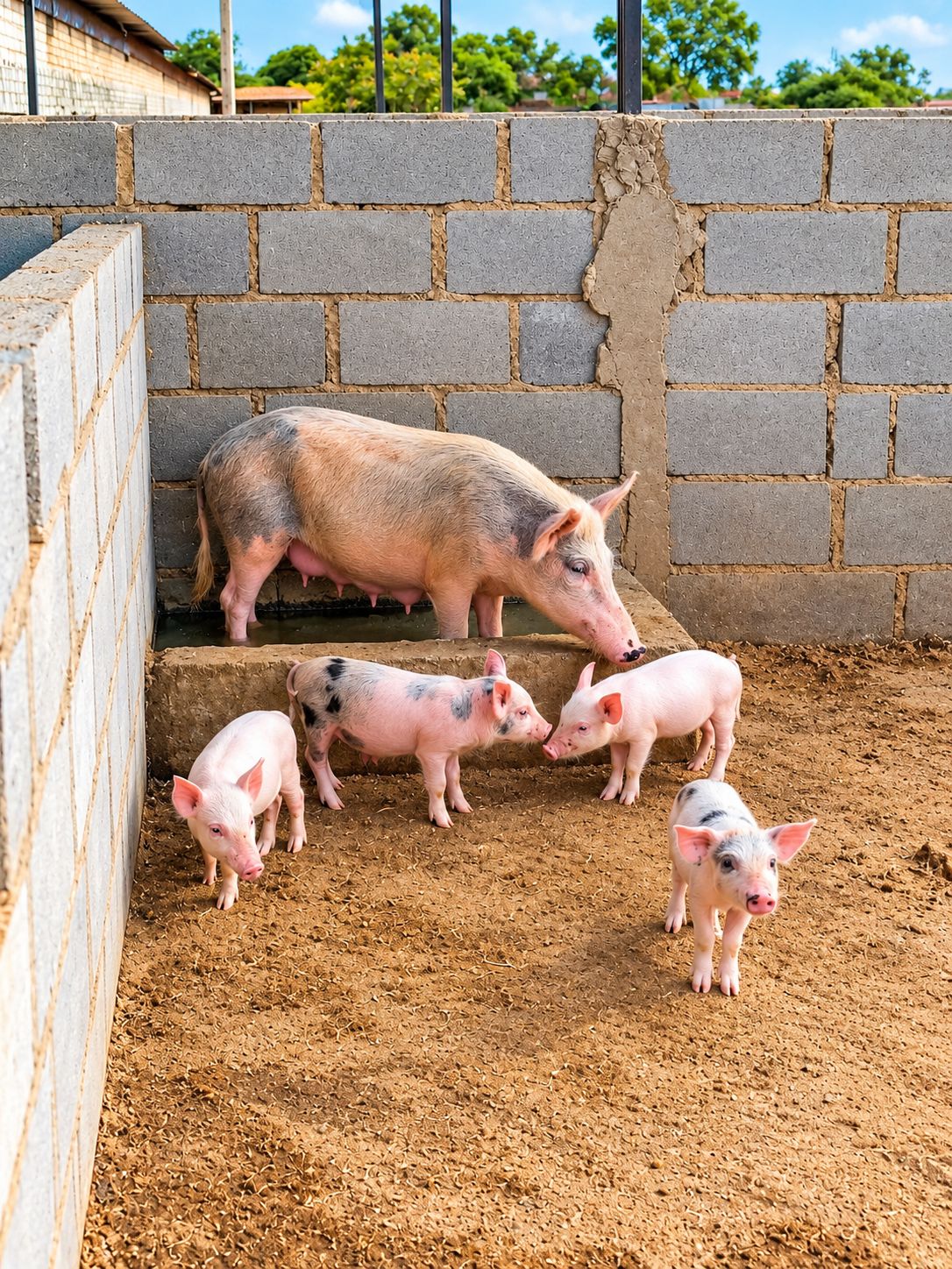 Un corral de cerdos con pared de ladrillo, comedero y suelo de tierra.