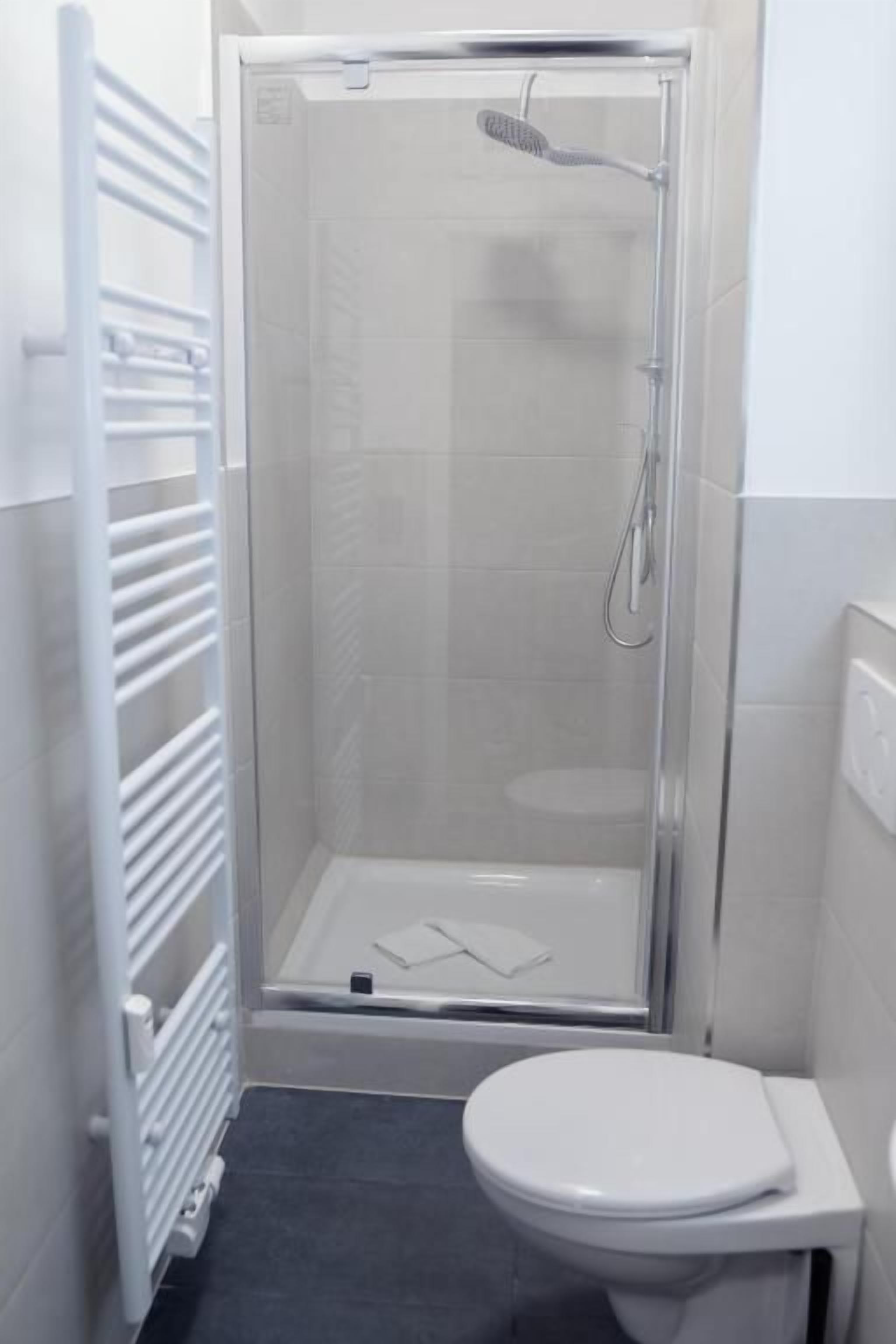 A shower with a glass door, a white toilet, and a towel rack.