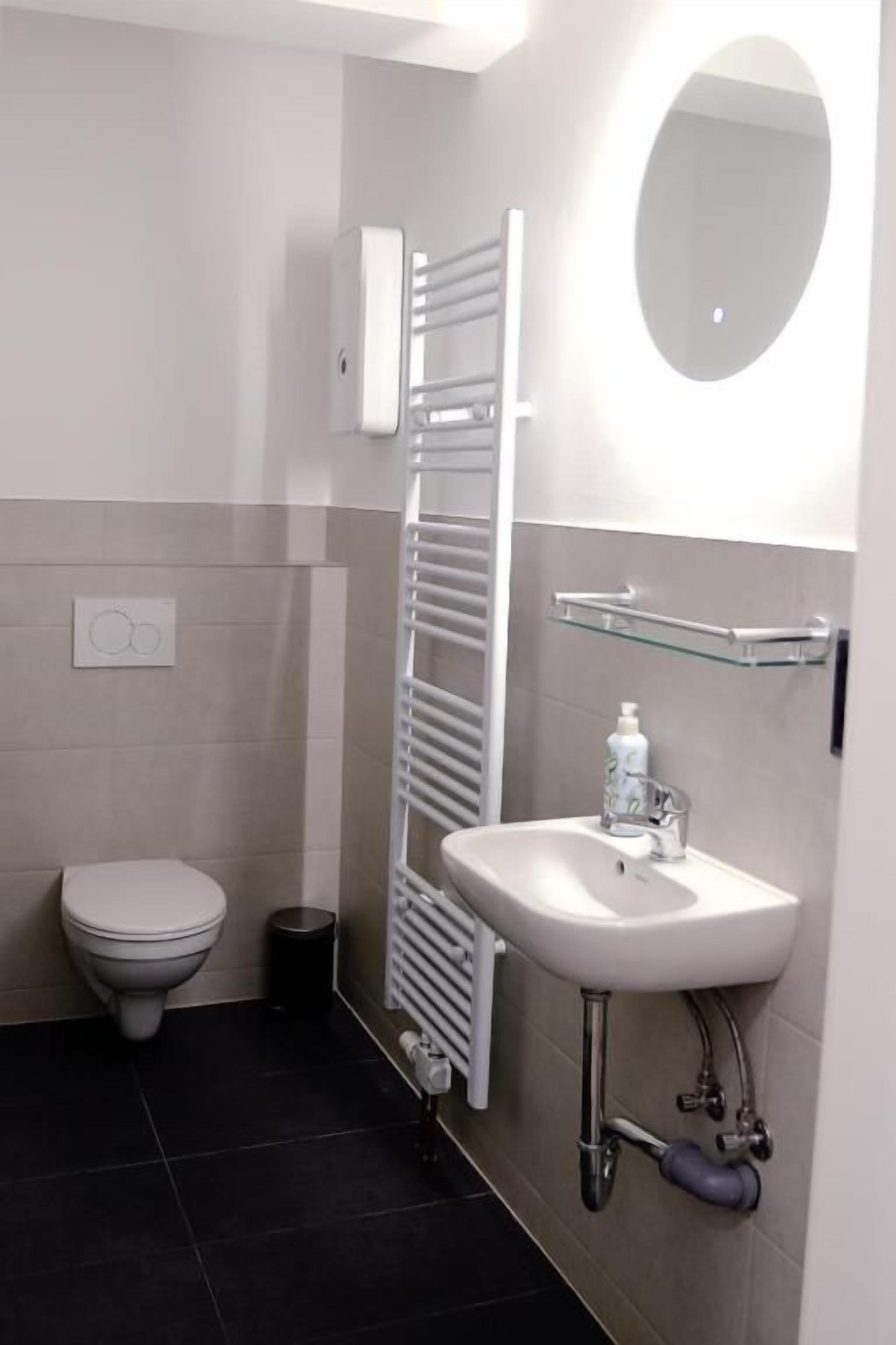 A bathroom with a toilet, a sink, a towel rack, and a mirror.