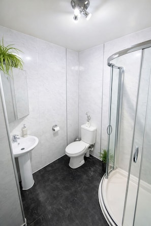 Un bagno moderno con doccia vetrata, servizi igienici, lavabo e specchio.
