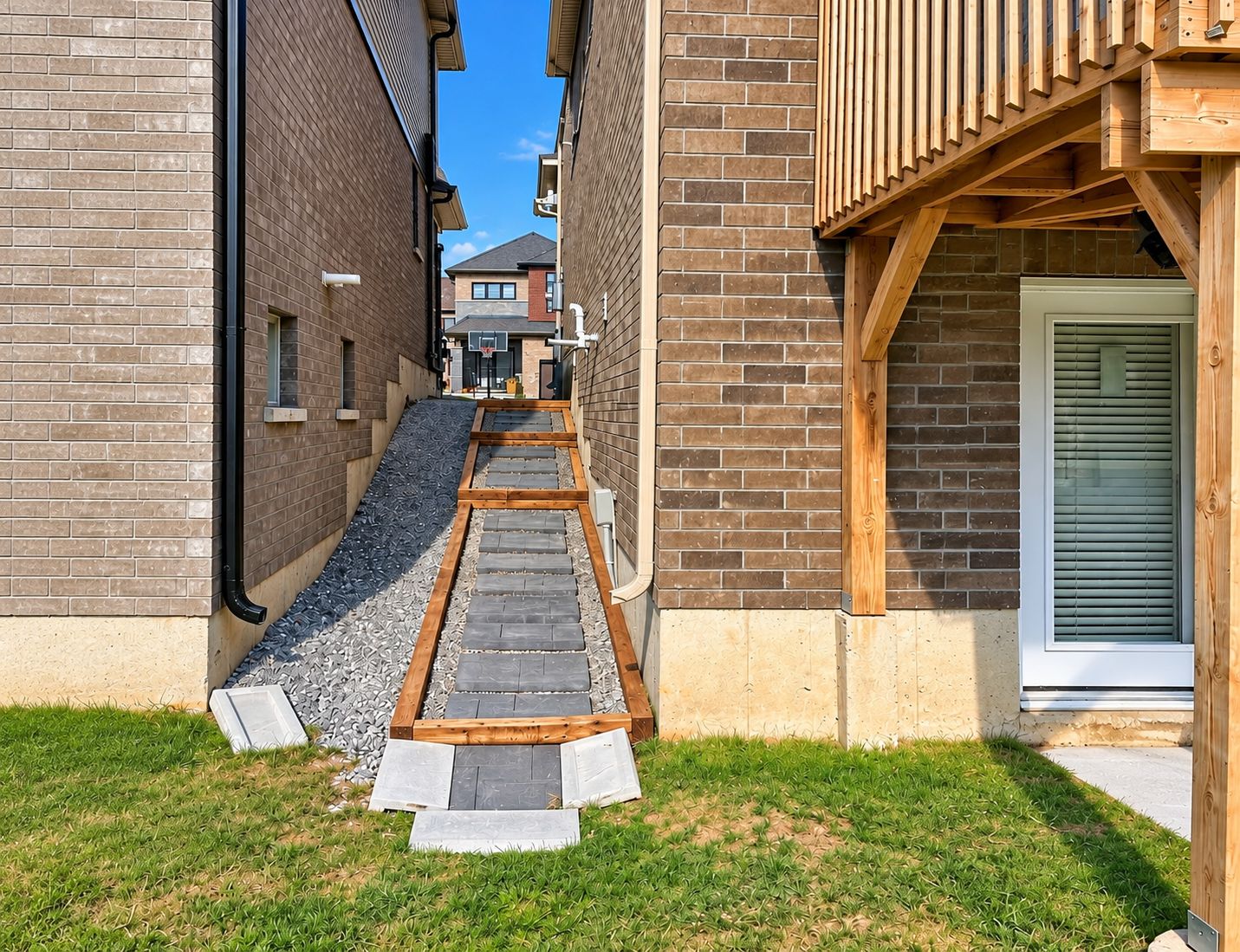 A residential property with a narrow driveway leading to a wooden front door, brick walls, and a clear sky.