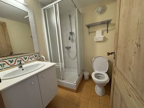 A bathroom with a shower, toilet, and sink. - Les cordeliers, studio au centre ville (La Rochelle)