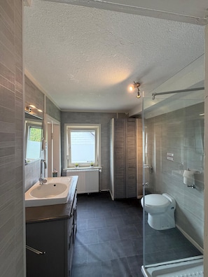 A modern bathroom with a bathtub, toilet, and shower area. - Jägerholz Vacation Rental (Diemelsee-Rhenegge)