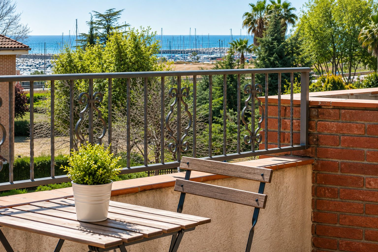 Een balkon met een houten tafel en stoel, een bloempot en uitzicht op zee en boten.