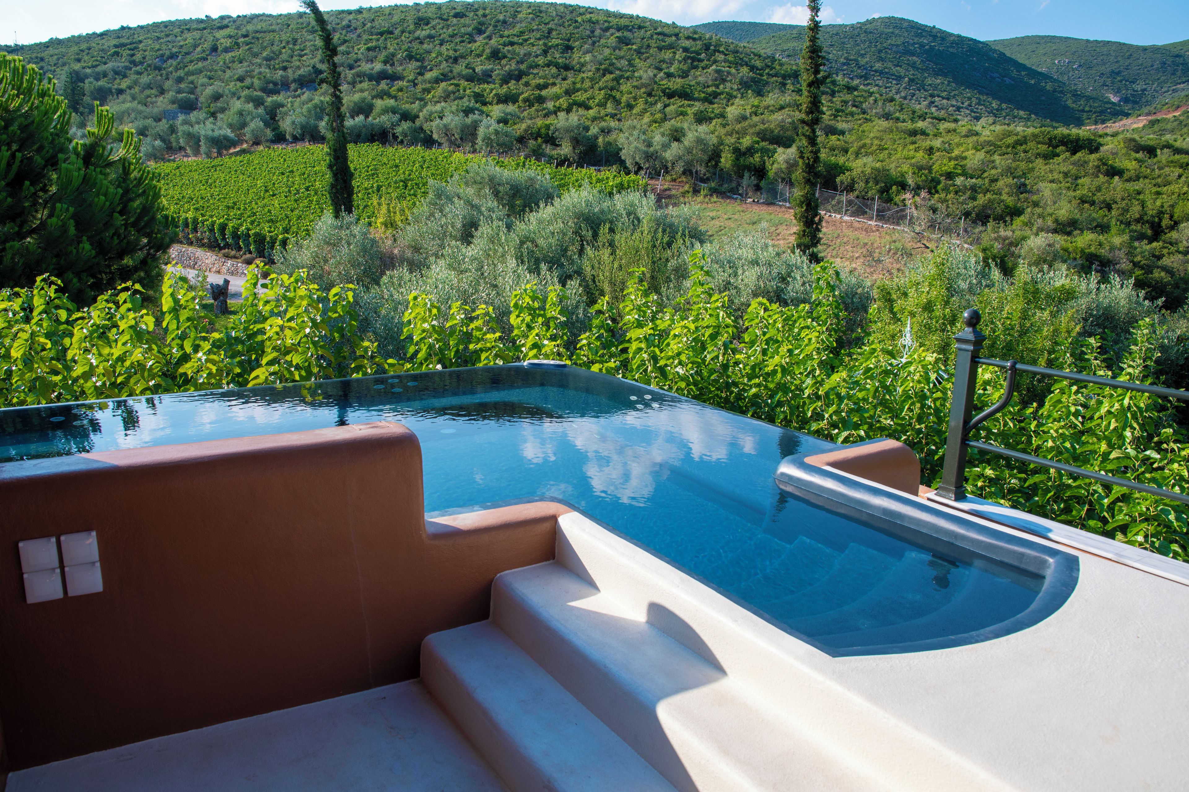 Un bain à remous avec vue sur un vignoble et des collines.