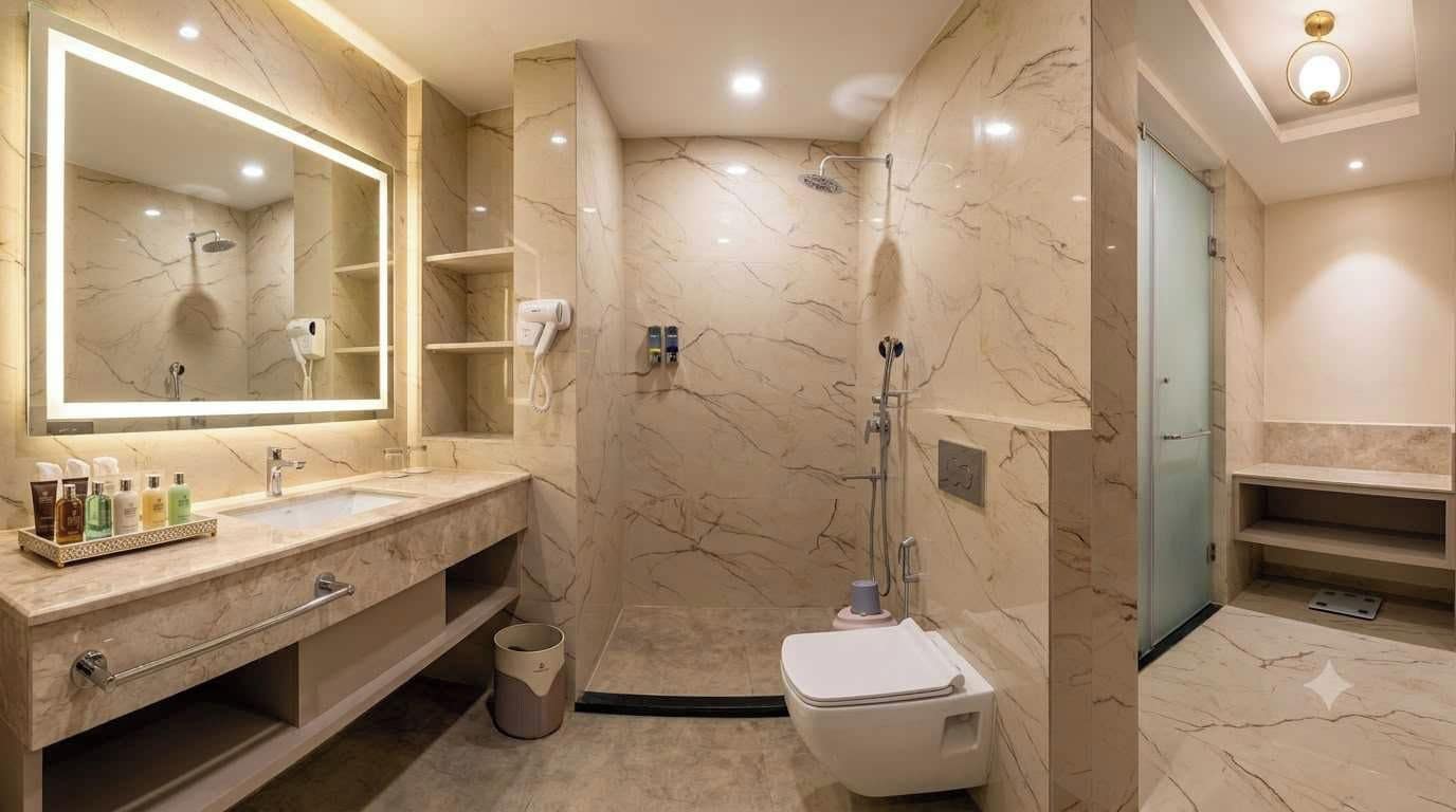 Un baño moderno con tocador de mármol, un espejo grande, una ducha y un inodoro.