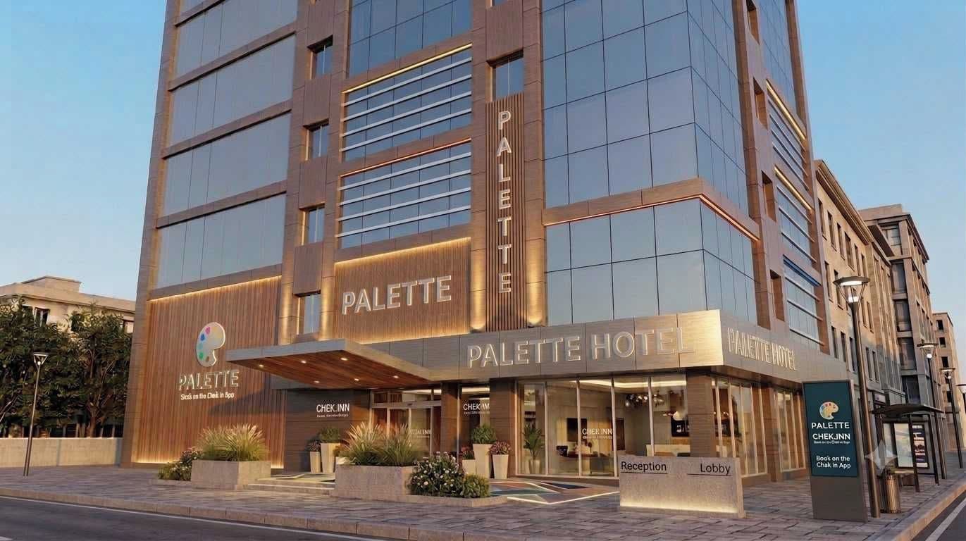 Un hotel con fachada moderna, amplias ventanas y un cartel que indica que es el HOTEL PALETTE.