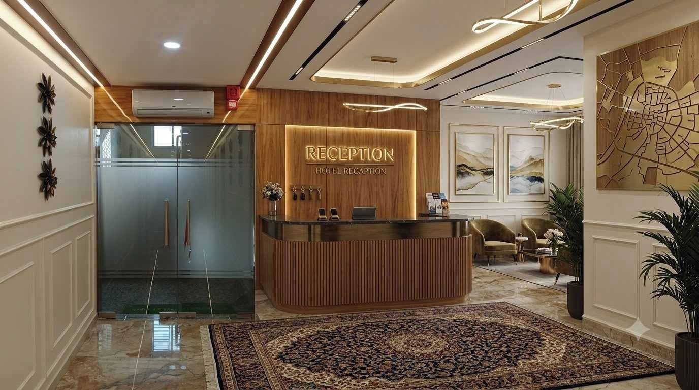 Et hotellets receptionområde med en træreception, en glasdør og en stor dekorativ måtte.