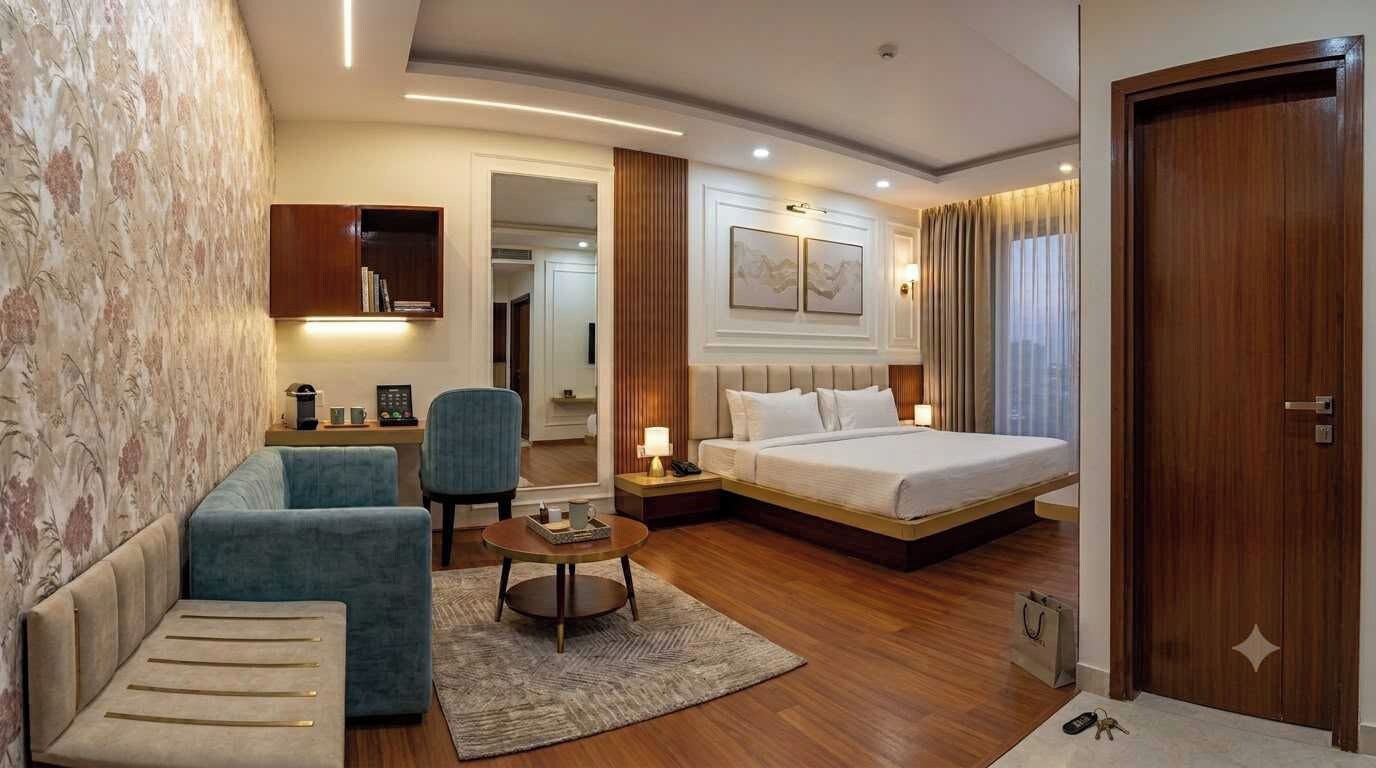 A hotel room with a bed, a seating area with a chair, a small table, and a bedside table with a lamp.