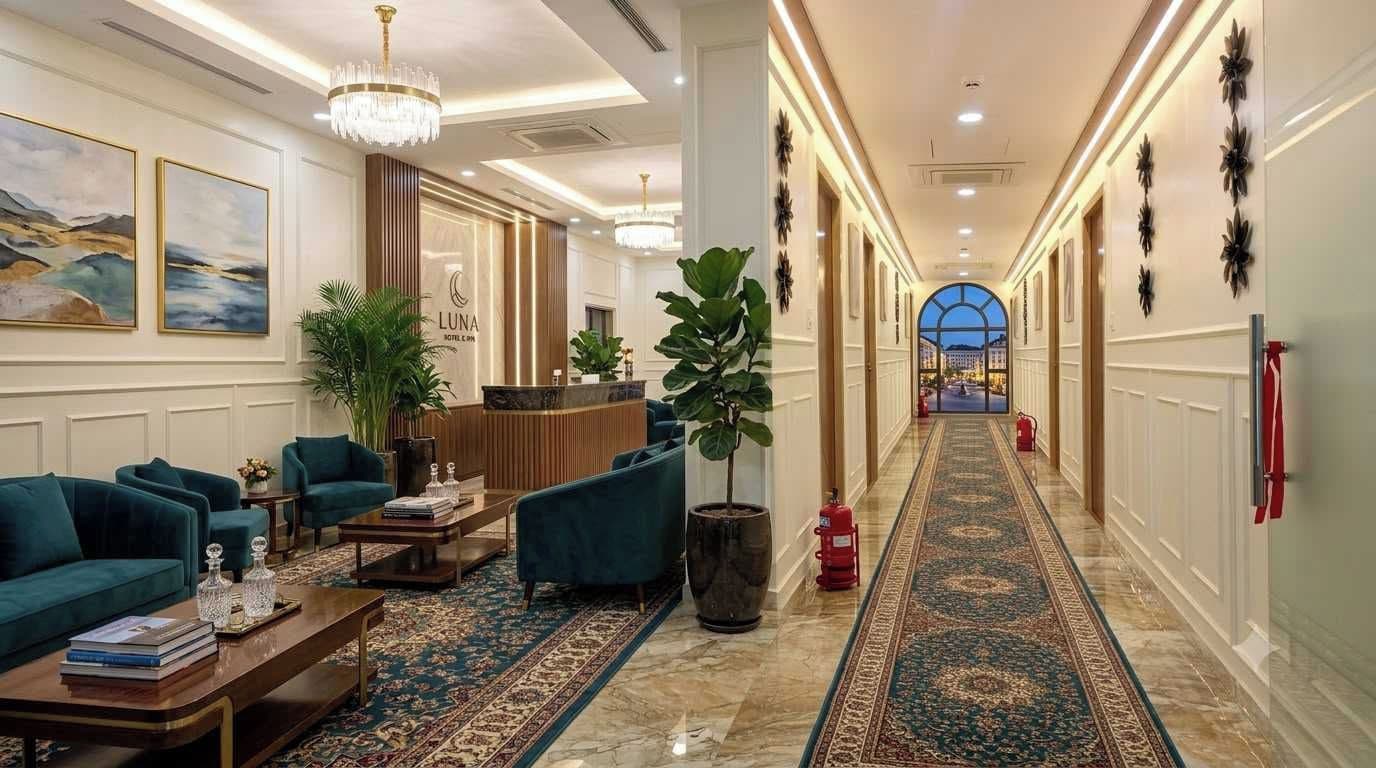 Un vestíbulo de hotel con mostrador de recepción, zona de estar con sofás, una planta grande y vistas a través de un puerta de cristal.