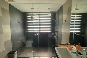 A modern bathroom with a glass-enclosed shower, a sink with a mirror, and a toilet. - Danang Beachfront Private Pool Villa (Ngu Hanh Son)