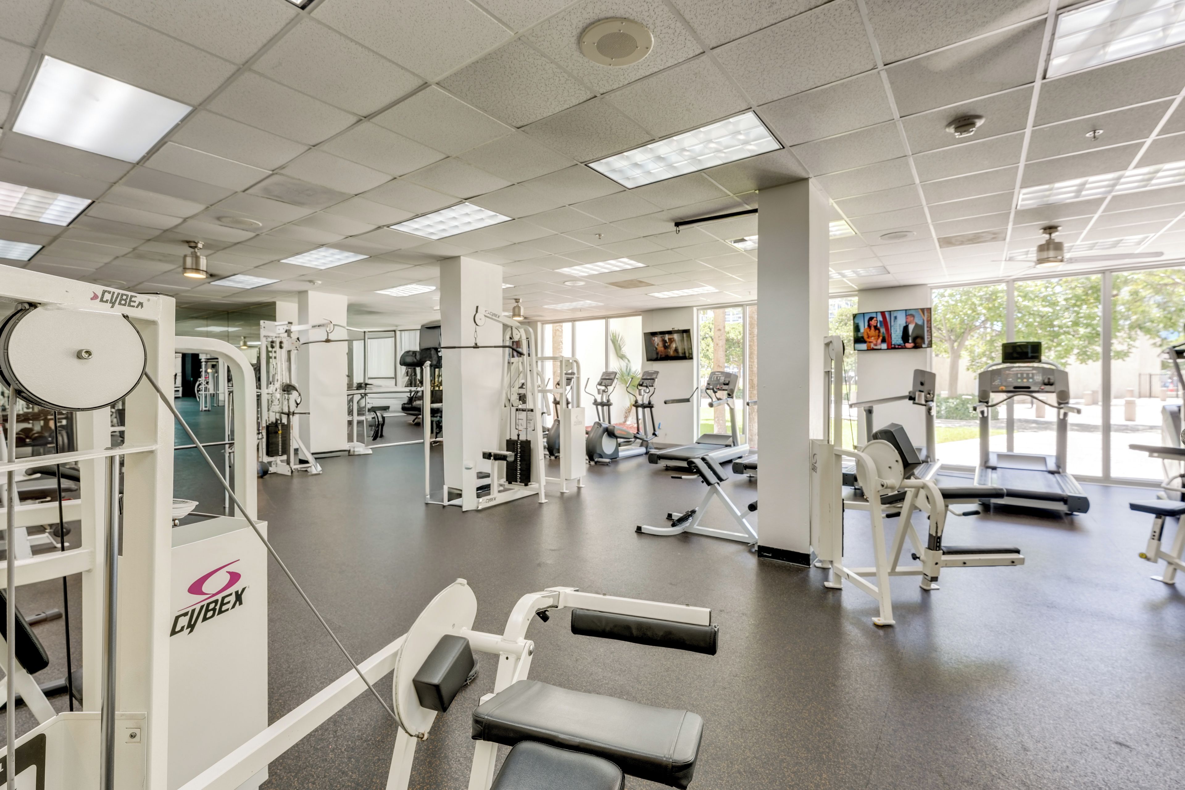 A gym with various exercise equipment, including weight machines and cardio machines.