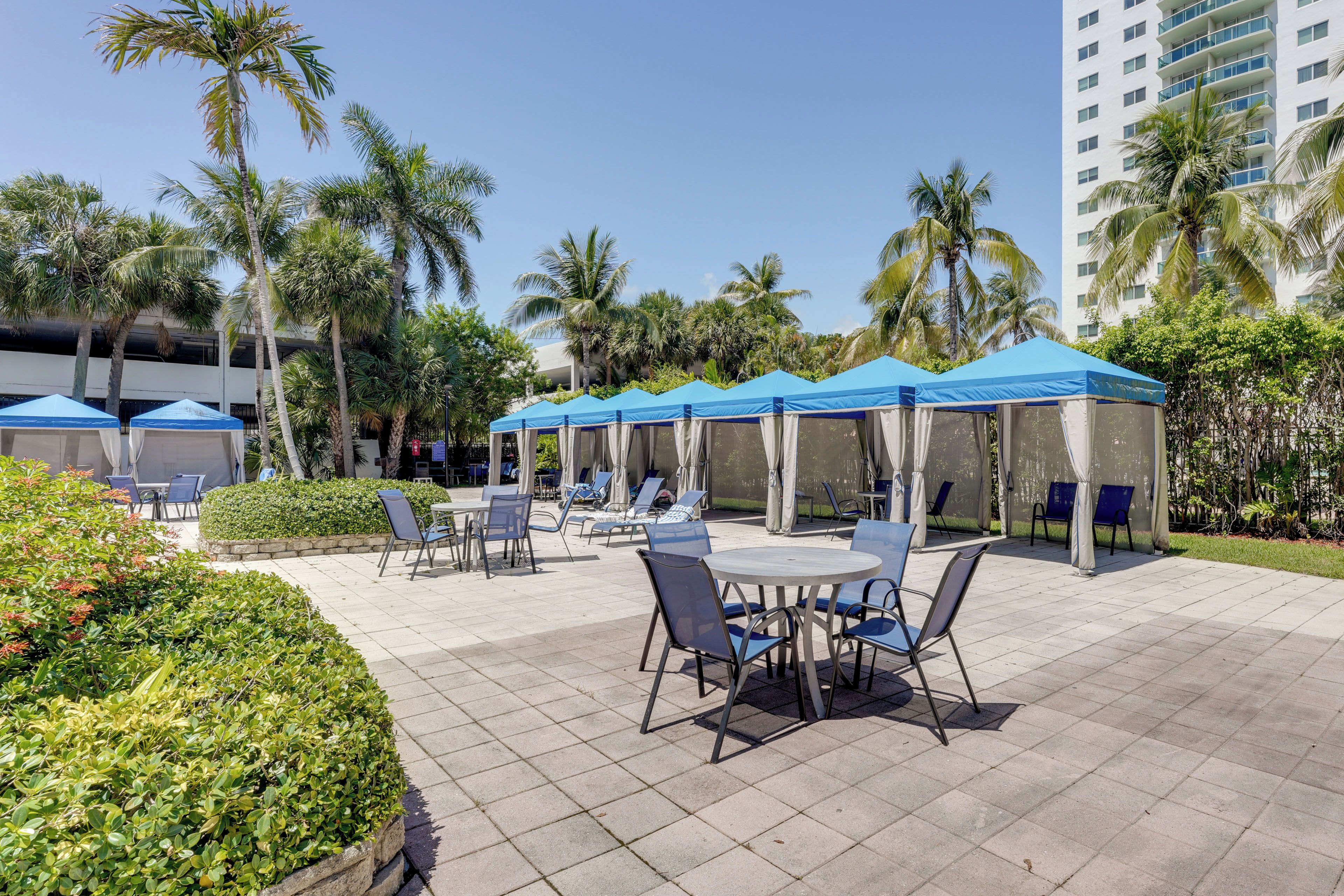 An outdoor patio area with tables and chairs, blue canopies, and palm trees.