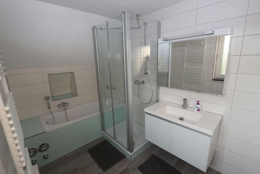 Ein modernes Badezimmer mit einer gläsernen Dusche, einem weißen Waschbecken und einem Spiegel darüber.