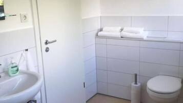 A bathroom with a white sink, toilet, and a small trash bin.