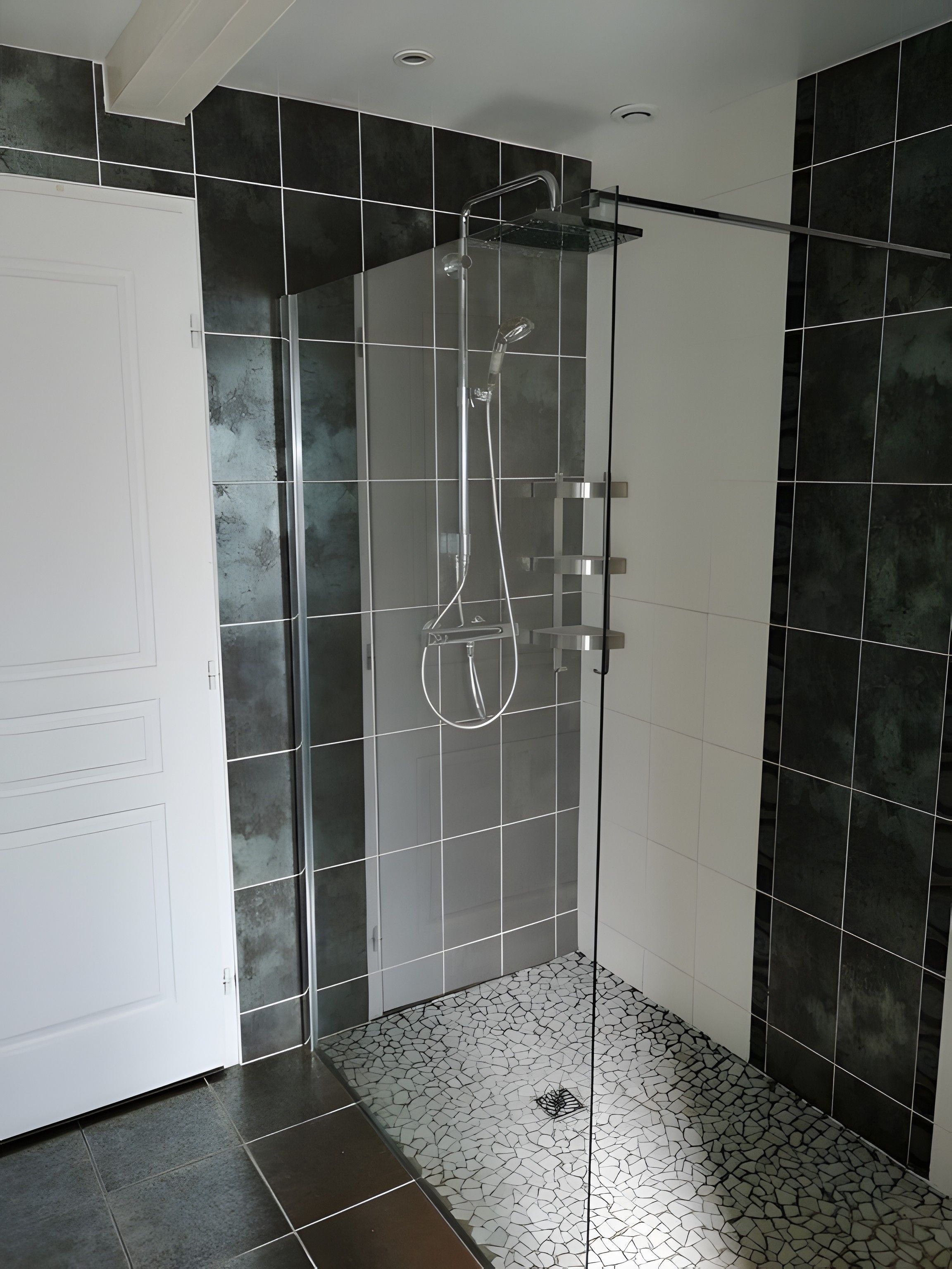 Une douche fermée par des parois en verre, dotée d’un pommeau de douche à main et d’un robinet fixé au mur.
