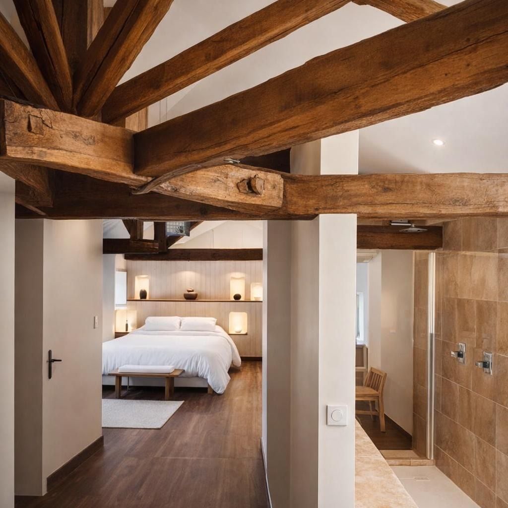 A bedroom with a wooden ceiling, a bed, bedside lamps, and a view into a bathroom with a shower and a toilet.