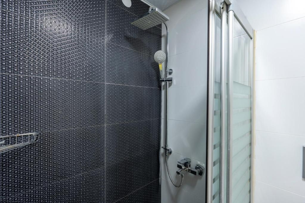A shower area with a black tiled wall, a glass shower door, and a handheld showerhead.