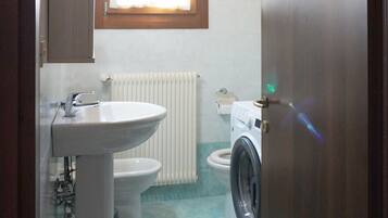 Een kleine badkamer met een wastafel, toilet en wasmachine.