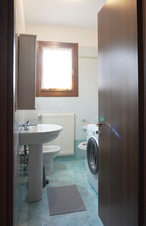 Een kleine badkamer met een wastafel, toilet en wasmachine.