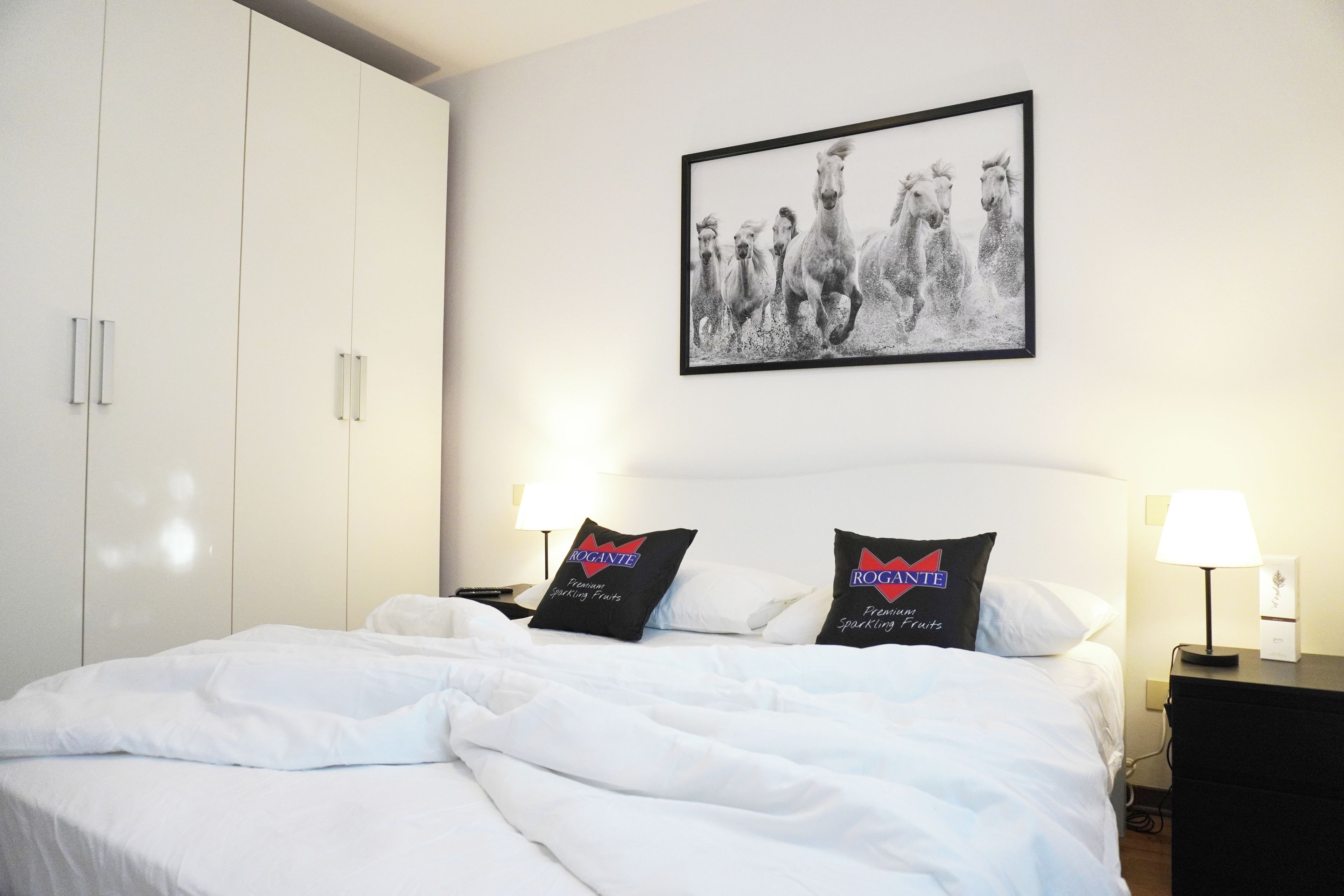Een hotelkamer met een bed, witte wanden, een lijst met een afbeelding van paarden, en twee zwarte kussens met de branding 'ROGANTE'.