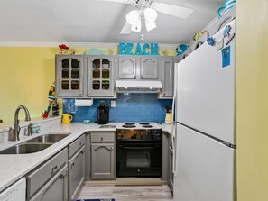 Kitchen - Fully Stocked Kitchen, Breakfast Bar - Two Bedroom Coastal Beach Condo + Water Views (Carolina Beach)